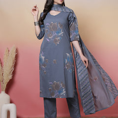 Women Coral Cotton Placement Printed Hand Work Kurta with Trouser & Dupatta