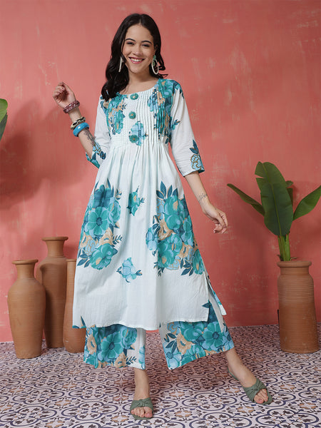 Women Blue Pure Cotton Floral Printed Kurta with Palazzo Set