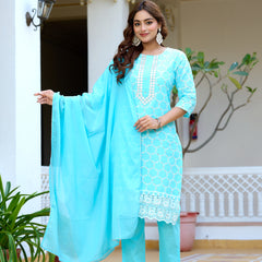 ANAISA Women cotton Schiffli embroidered Kurta with Trouser & Dupatta