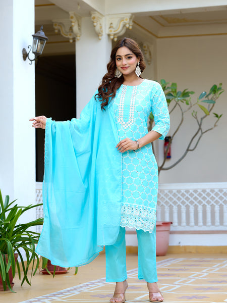 Women cotton Schiffli embroidered Kurta with Trouser & Dupatta