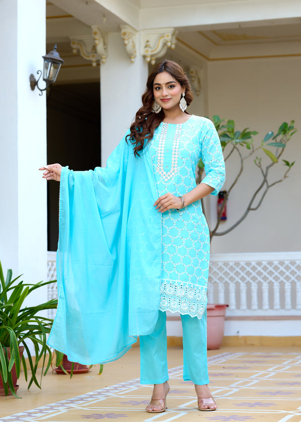 ANAISA Women cotton Schiffli embroidered Kurta with Trouser & Dupatta