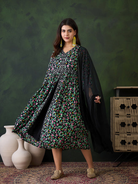 Women Black & Green Floral Printed Ethnic Dress With Dupatta