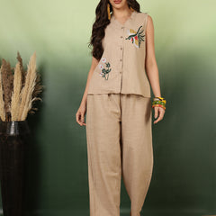 Women Cotton Beige Embroidery Top With Trouser Co-ord Set