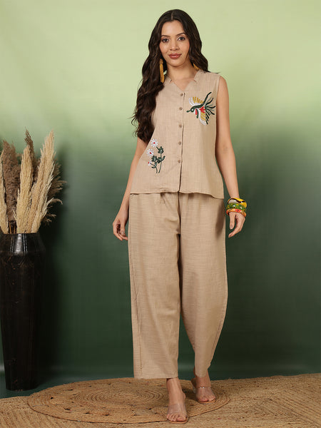 Women Cotton Beige Embroidery Top With Trouser Co-ord Set