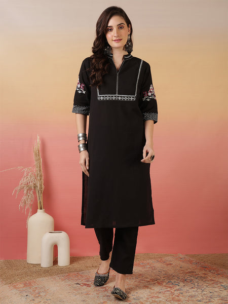 Women Solid Embroidery Kurta with Pant
