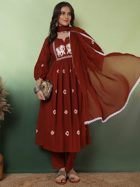 Women Cotton Rust Anarkali Embroidery Kurta with Trouser & Dupatta