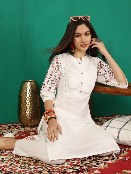 Women White Solid Embroidery Cotton Flex Kurta With Trouser