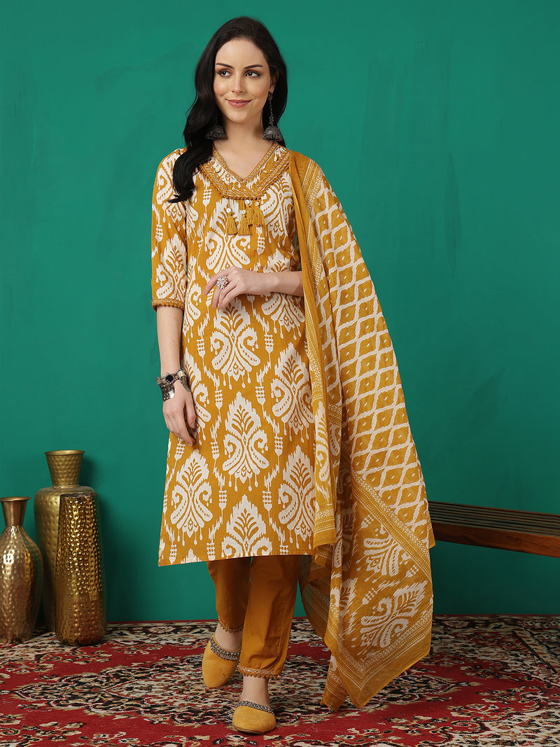 Sangira Women Cotton Printed V-neck, Straight Kurta with Trouser & Dupatta