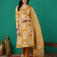 Sangira Women Cotton Printed V-neck, Straight Kurta with Trouser & Dupatta