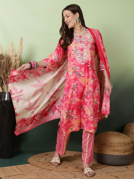 Women Red Printed Yoke Embroidery Kurta with Trouser & Dupatta