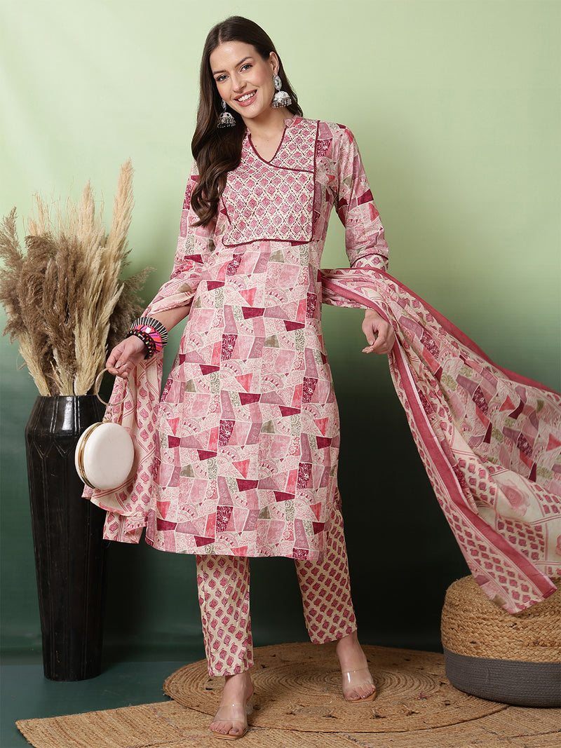 Women Pink Digital Printed V-neck Kurta with Trouser & Dupatta