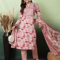 Women Pink Digital Printed V-neck Kurta with Trouser & Dupatta