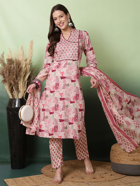 Women Pink Digital Printed V-neck Kurta with Trouser & Dupatta