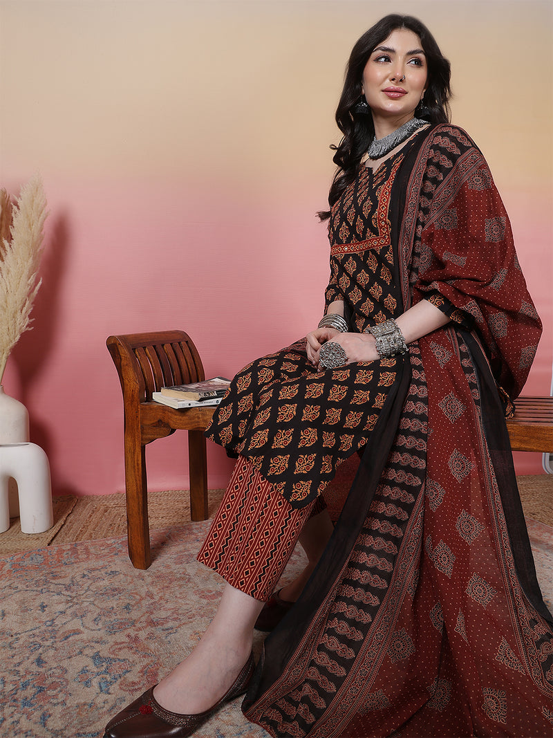 Women Cotton Hand Block Printed Kurta with Trouser & Dupatta