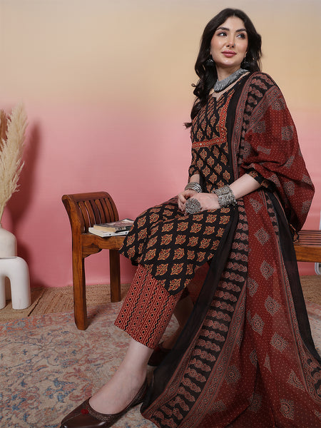 Women Cotton Hand Block Printed Kurta with Trouser & Dupatta