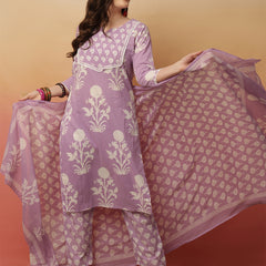 Women Lavender Cotton Printed Round Neck Straight Kurta with Trouser & Dupatta