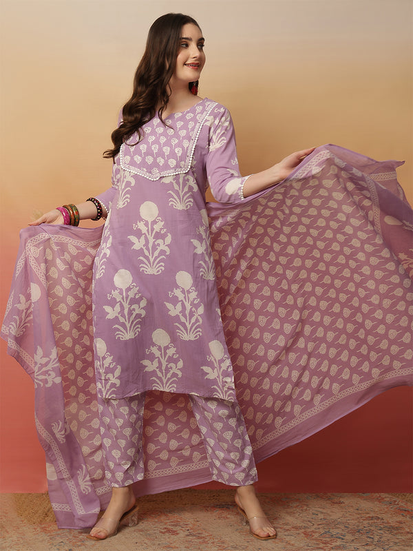 Women Lavender Cotton Printed Round Neck Straight Kurta with Trouser & Dupatta
