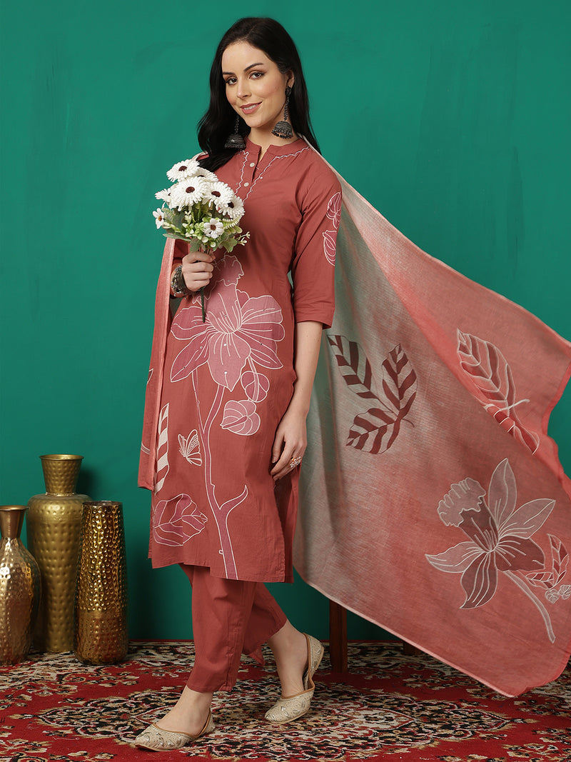ANAISA Women Cotton Placement Print Straight Kurta with Trouser & Dupatta