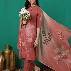 ANAISA Women Cotton Placement Print Straight Kurta with Trouser & Dupatta