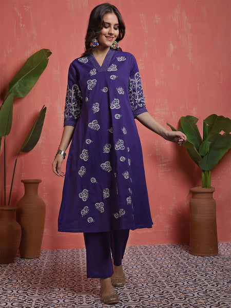 Women Cotton Flex Purple Figure Embroidery A-line Kurta with Trouser