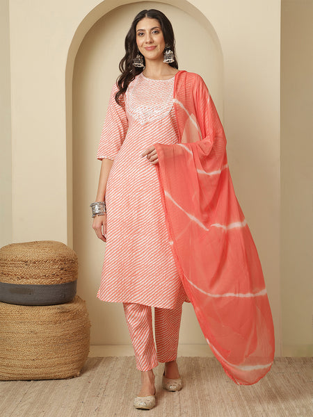 Women Cotton Printed Pink Straight Kurta with Trouser & Dupatta