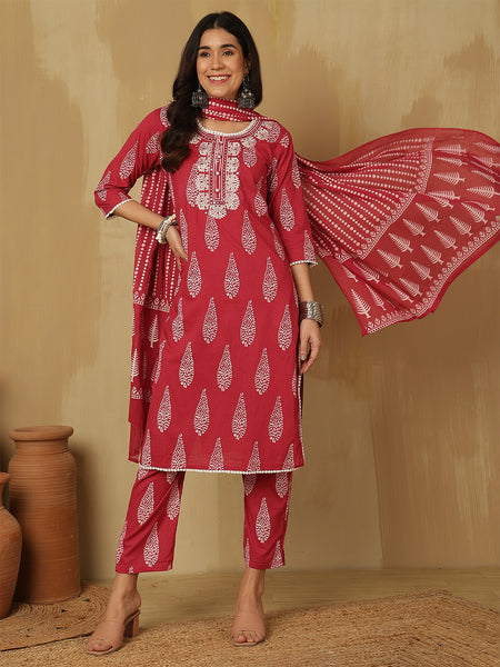 Women Pink Regular Wear Kurta With Trouser & Dupatta
