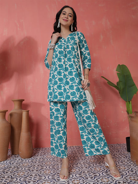 Women Blue Cotton Flex Floral Printed Top with Trouser Co-ord Set