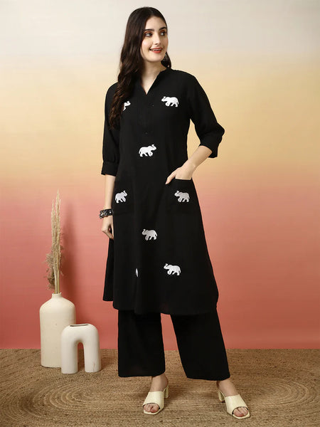 Women Solid Cotton Flex A-line Pocket Kurta with Palazzo Set