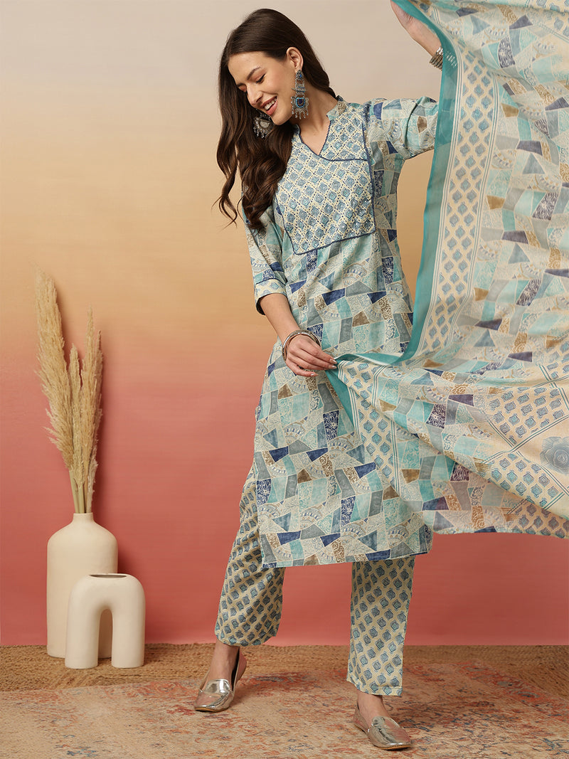 Women Blue Digital Printed V-neck Kurta with Trouser & Dupatta