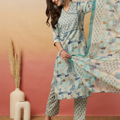 Women Blue Digital Printed V-neck Kurta with Trouser & Dupatta