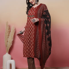 Women Black Cotton Hand Block Printed Kurta with Trouser & Dupatta