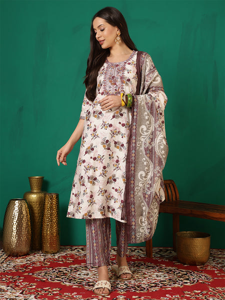 Women Brown Floral Printed Yoke Embroidery Kurta with Trouser & Dupatta