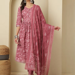 Women Cotton Printed Nayra Cut, Round Neck Kurta with Trouser & Dupatta