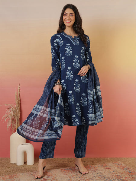 Women Blue Cotton Yoke Design Kurta With Trouser & Dupatta