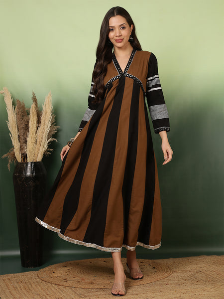 Women Cotton Brown A-line Long Dress