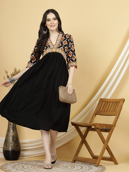 Women Black Block Printed A_line Calf Length Designer Ethnic Dress