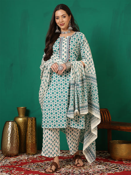 Women Cotton Light Blue Printed Kurta with Trouser & Dupatta