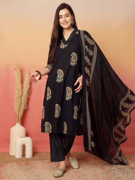 Women Black Cotton Printed V-neck Straight Kurta with Trouser & Dupatta