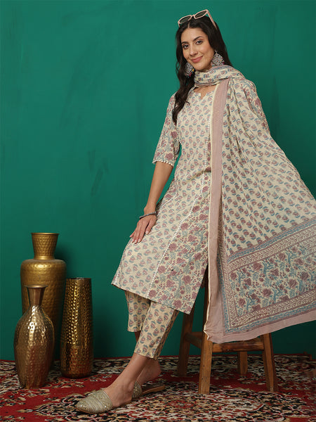 Women Offwhite Cotton Printed, Round Neck, 3/4 Sleeves, Calf Length Kurta with Trouser & Dupatta