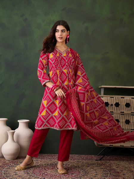 Women Pink Bandhani Printed Kurta With Trouser & Dupatta