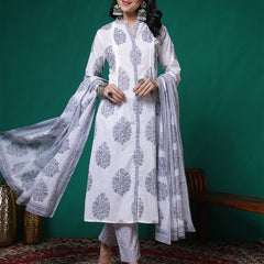Women Pure Cotton White & Grey Printed Kurta with Trouser & Dupatta