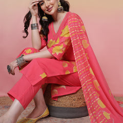 Women Coral Cotton Placement Printed Hand Work Kurta with Trouser & Dupatta