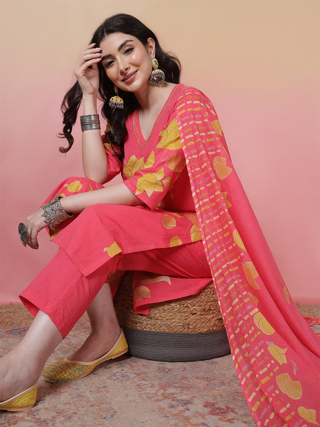 Women Coral Cotton Placement Printed Hand Work Kurta with Trouser & Dupatta