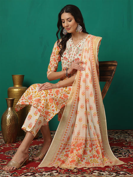 Women Orange Cotton Printed, V- Neck, 3/4 Sleeves, Calf Length Kurta with Trouser & Dupatta