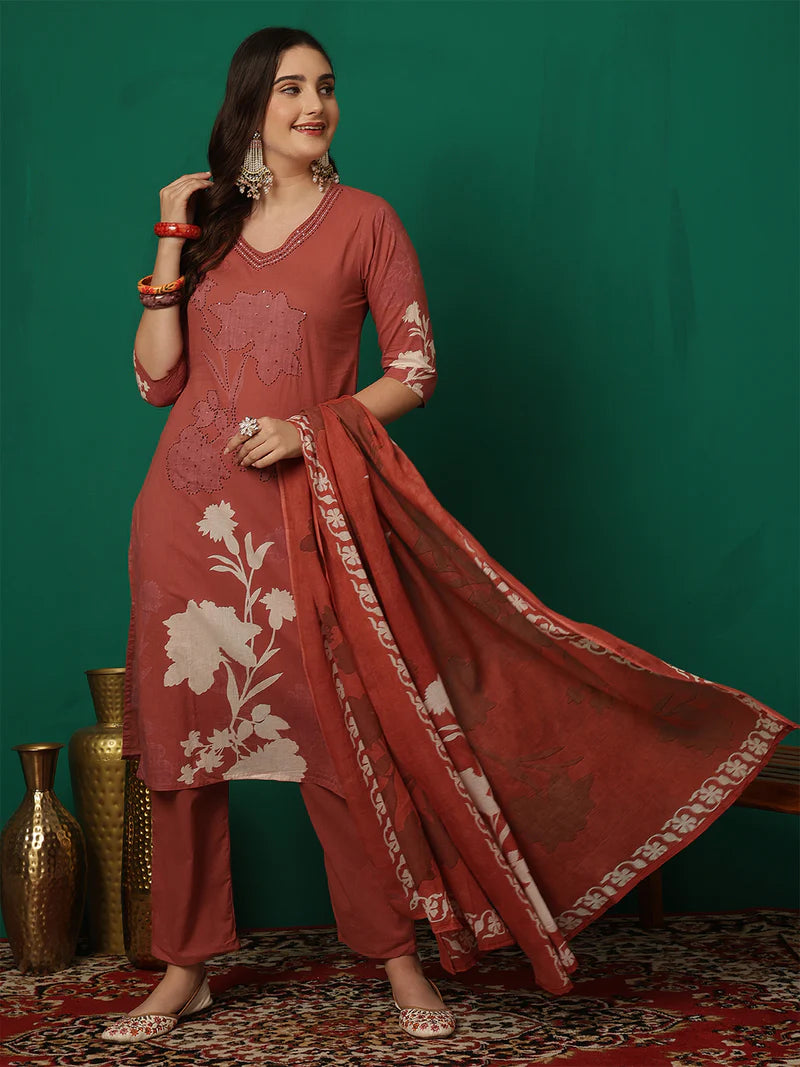 Women Cotton Printed Patch Work Kurta with Trouser & Dupatta