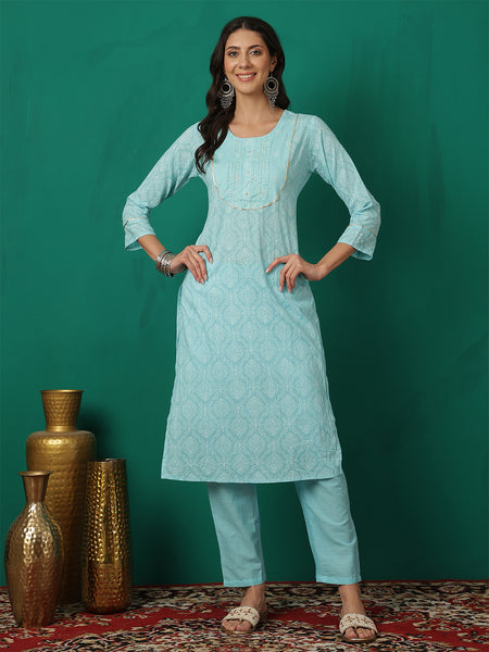 Women Turquoise Blue Cotton Printed Straight Kurta with Trouser