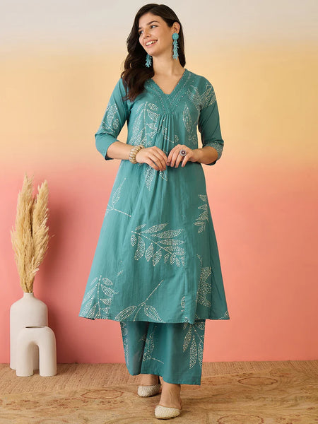 Women Pure Cotton Abstract Printed A-line Kurta with Palazzo Set