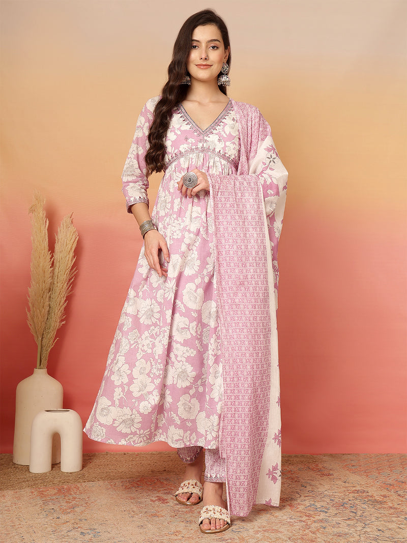 ANAISA Women Cotton Light Pink Floral Printed V-neck,Calf Length  Anarkali Kurta with Pant & Dupatta