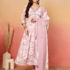 ANAISA Women Cotton Light Pink Floral Printed V-neck,Calf Length  Anarkali Kurta with Pant & Dupatta