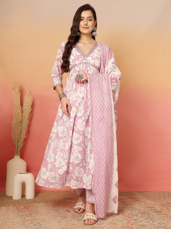 ANAISA Women Cotton Light Pink Floral Printed V-neck,Calf Length  Anarkali Kurta with Pant & Dupatta